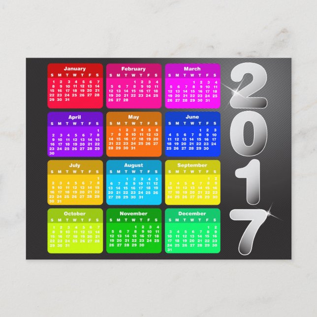 Carte Postale Calendrier 2017 en couleurs vives arc-en-ciel (Devant)