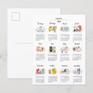 Carte Postale Calendrier 2023 Cartoon mignon Chats et Chiens