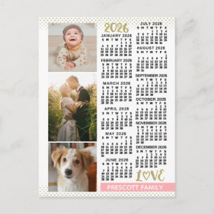 Carte Postale Calendrier 2026 Rose Pâle Or Collage de Photos de 