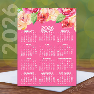 Carte Postale Calendrier aux fleurs aquarelles peintes rose