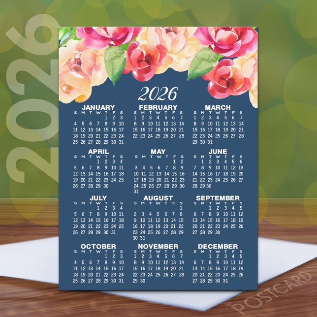Carte Postale Calendrier avec des fleurs d'aquarelle peintes (2026 Calendar Postcard)