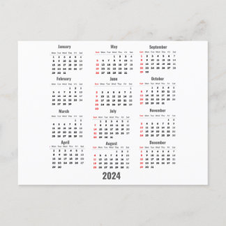 Carte Postale Calendrier Blanc 52 Semaines 2024