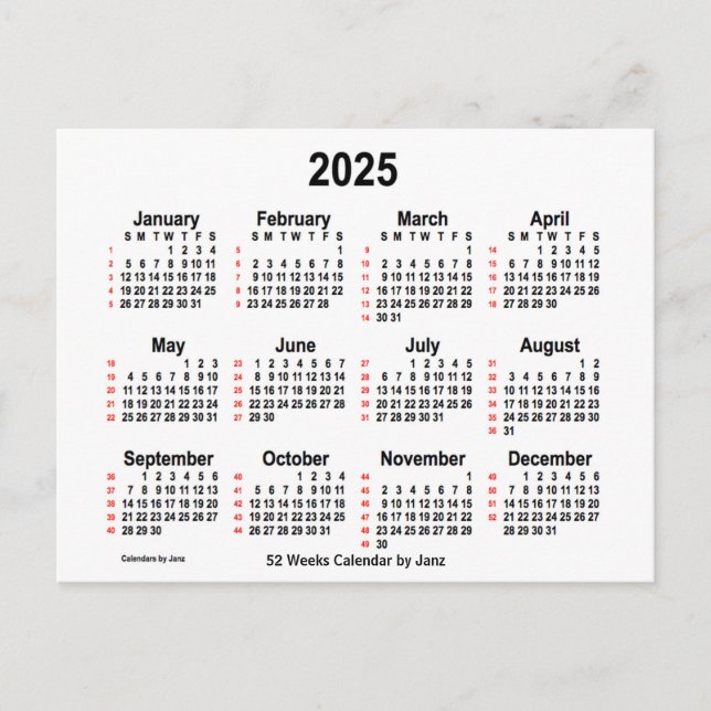 Carte Postale Calendrier blanc de 52 semaines 2025 par Janz (Devant)