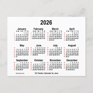 Carte Postale Calendrier blanc de 52 semaines 2026 par Janz