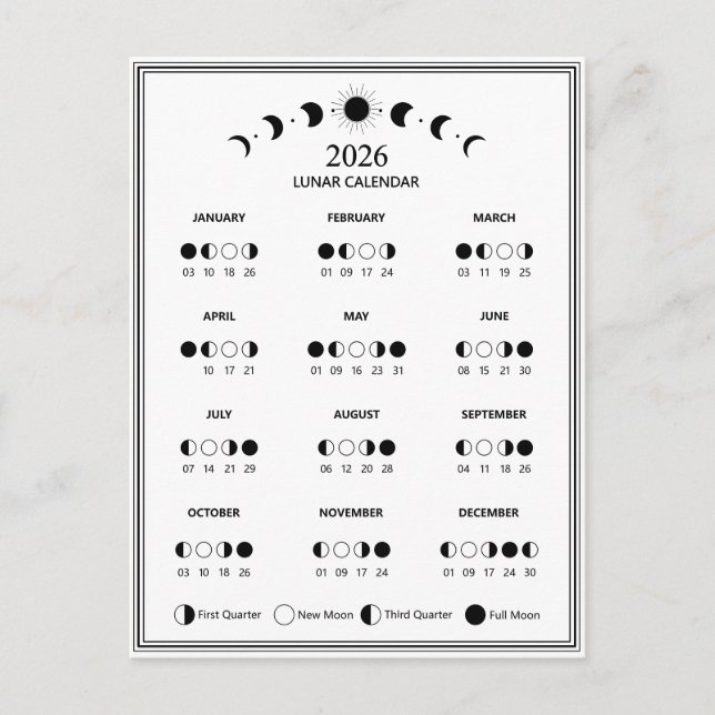 Carte Postale Calendrier de la phase lunaire 2026 Cycles lunaire (Devant)