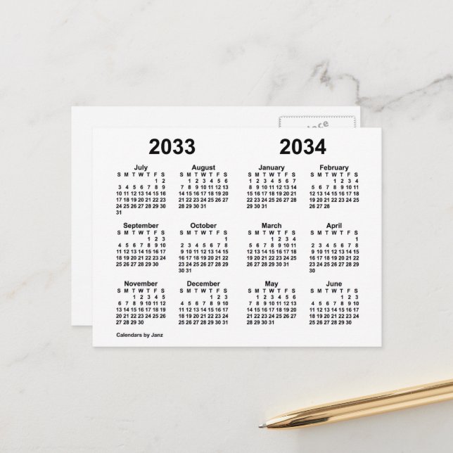 Carte Postale Calendrier de l'année scolaire blanche 2033-2034 p (Devant/Arrière en situation)