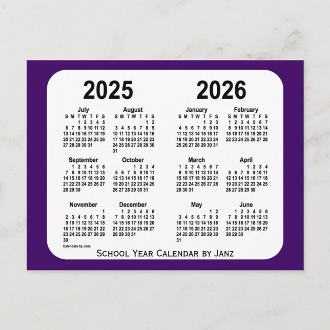 Carte Postale Calendrier de l'année scolaire Purple Mini 2025-20 (Devant)