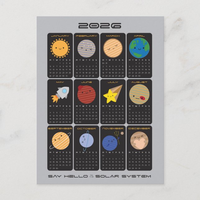 Carte Postale Calendrier du système solaire Kawaii 2026 (Devant)