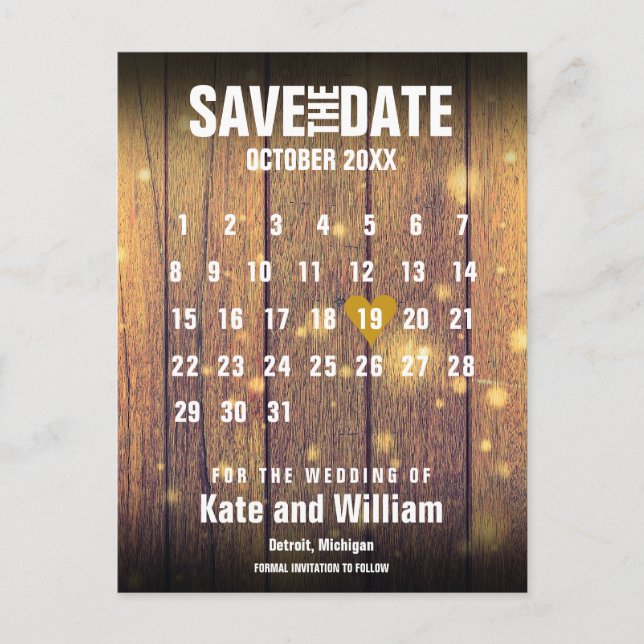 Carte Postale Calendrier en bois rustique, Sauvegarder la date (Devant)
