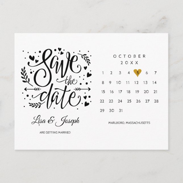 Carte Postale Calendrier Gold Heart Enregistrer la date (Devant)