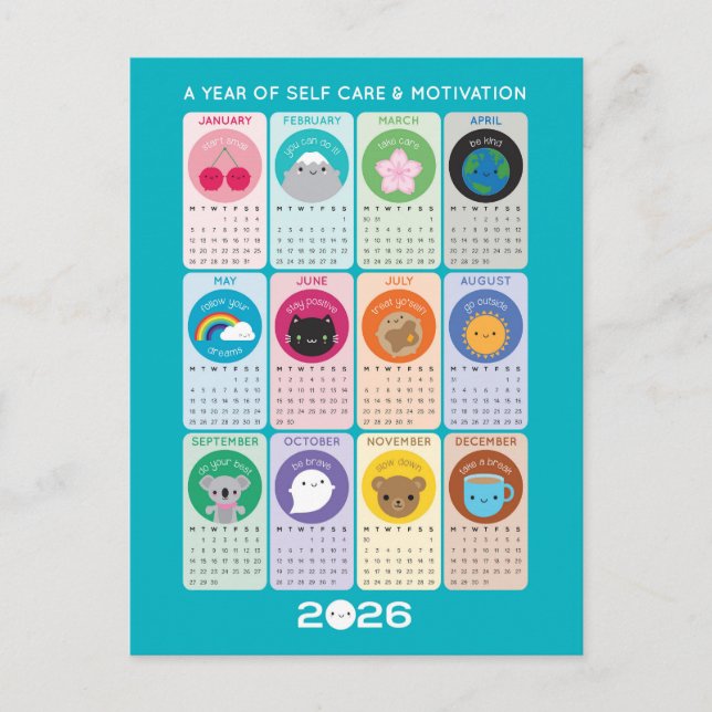 Carte Postale Calendrier Kawaii Motivation & Self Care 2026 (Devant)