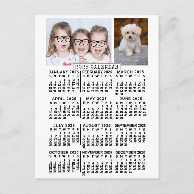Carte Postale Calendrier mensuel 2025 Année Blanc | Modèle photo (Devant)