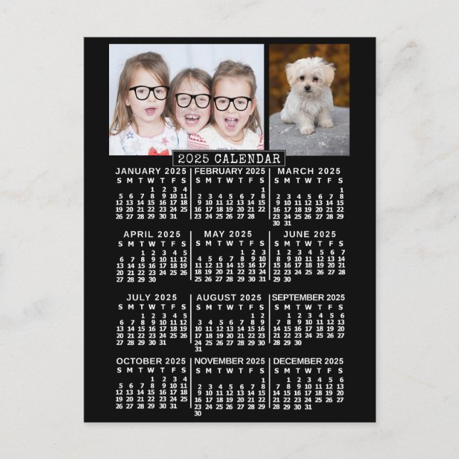 Carte Postale Calendrier mensuel 2025 Année Noir | Modèle photo (Devant)