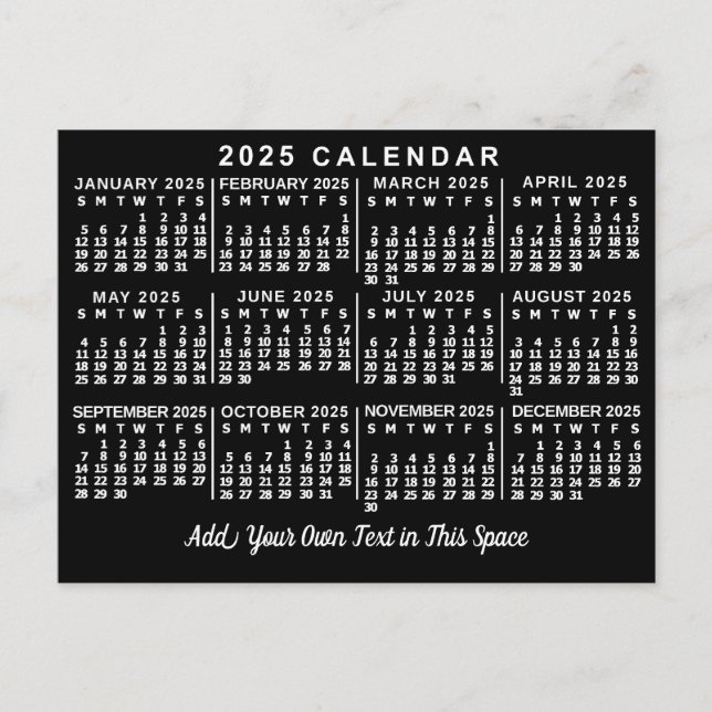 Carte Postale Calendrier mensuel de l'année 2025 Classique Noir  (Devant)