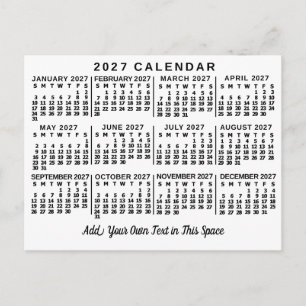 Carte Postale Calendrier mensuel de l'année 2027 blanc et noir c