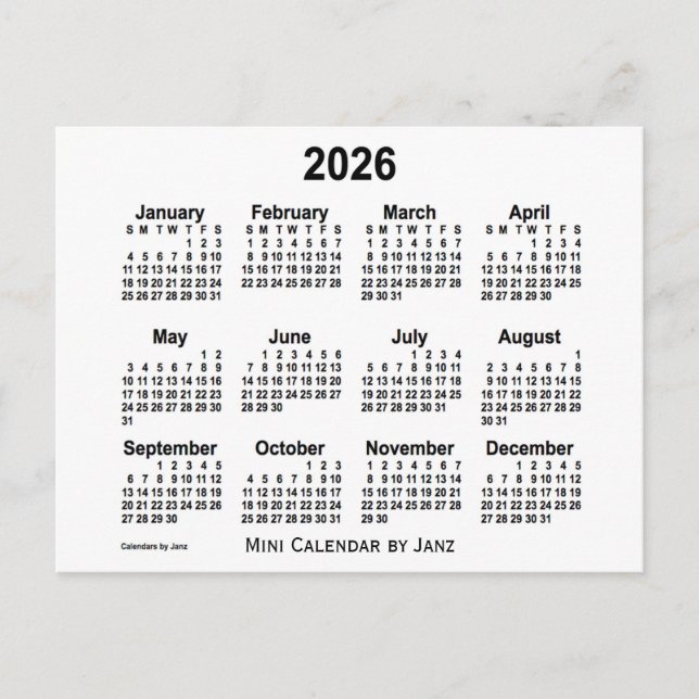 Carte Postale Calendrier Mini Blanc 2026 de Janz (Devant)