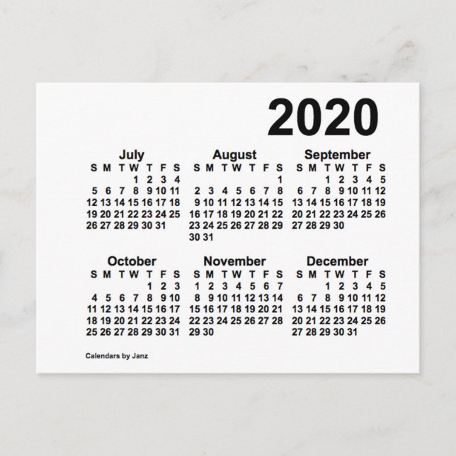 Carte Postale Calendrier mini de 6 mois blanc 2020 par Janz (Devant)