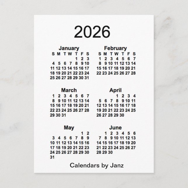Carte Postale Calendrier mini de 6 mois blanc 2026 par Janz (Devant)