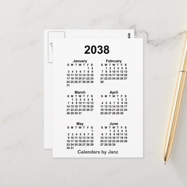 Carte Postale Calendrier mini de 6 mois de janvier 2038 blanc pa (Devant/Arrière en situation)