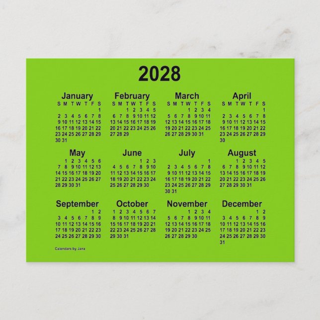 Carte Postale Calendrier Mini Janz Jaune Vert 2028 (Devant)