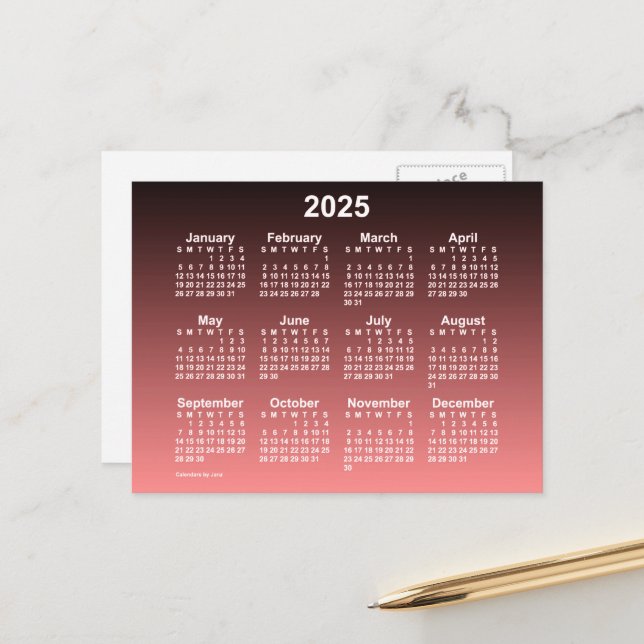 Carte Postale Calendrier Mini Neon Rouge Foncé 2025 par Janz Car (Devant/Arrière en situation)