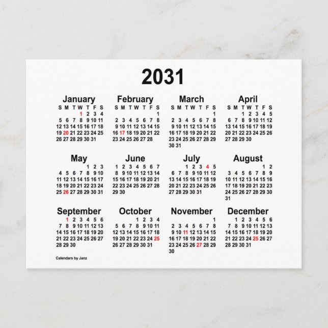 Carte Postale Calendrier mini-vacances 2031 de Janz (Devant)