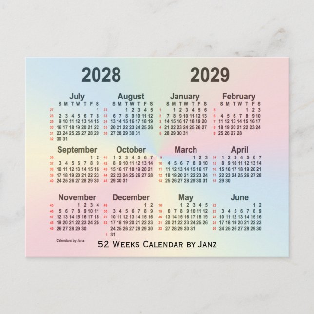 Carte Postale Calendrier Rainbow 52 semaines 2028-2029 par Janz (Devant)