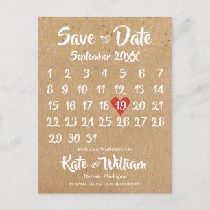 Carte Postale Calendrier Rouge Cœur Rustique Kraft Enregistrer l