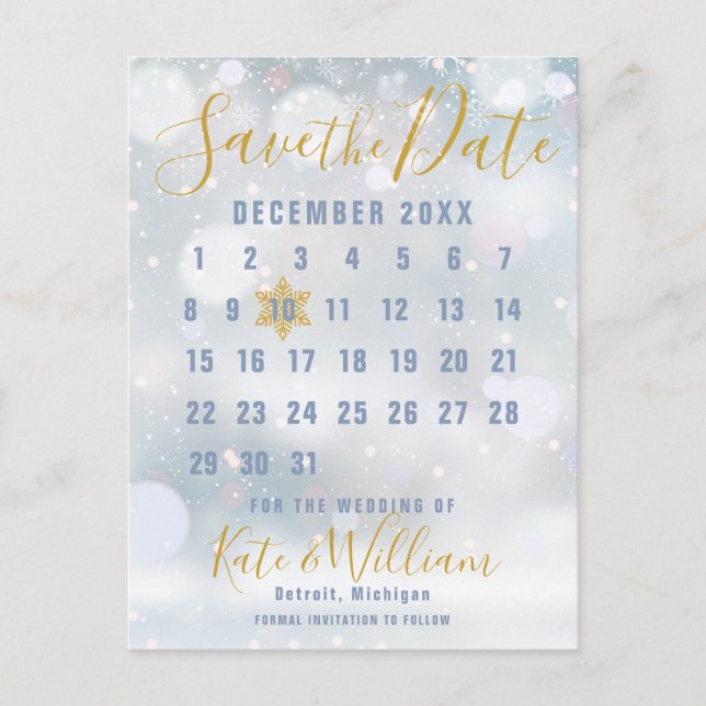 Carte Postale Calendrier Winter Snowflakes Enregistrer la date C (Devant)