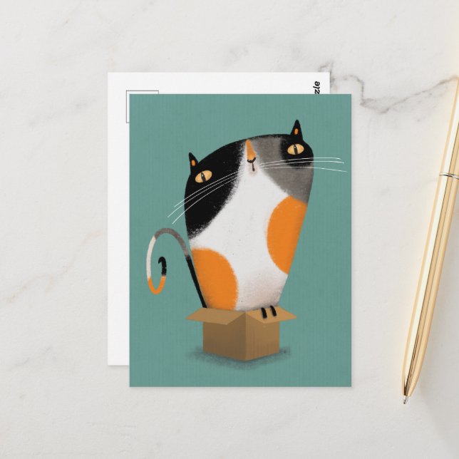 Carte Postale Calico chat dans la boîte (Devant/Arrière en situation)