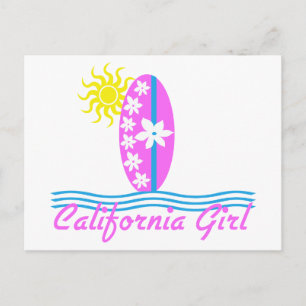 Carte Postale California Girl Pink Surfboard W/Sun