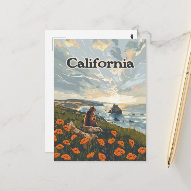Carte Postale Californie Bear Poppies Fleurs Côte Retro (Devant/Arrière en situation)