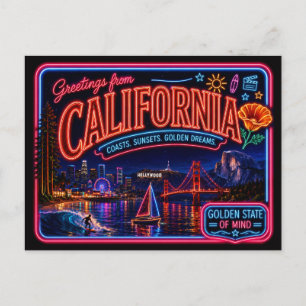 Carte Postale Californie Neon État Rétro Vintage