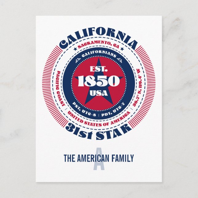Carte Postale Californie, Sacramento, CA, Patriotique, Monogramm (Devant)