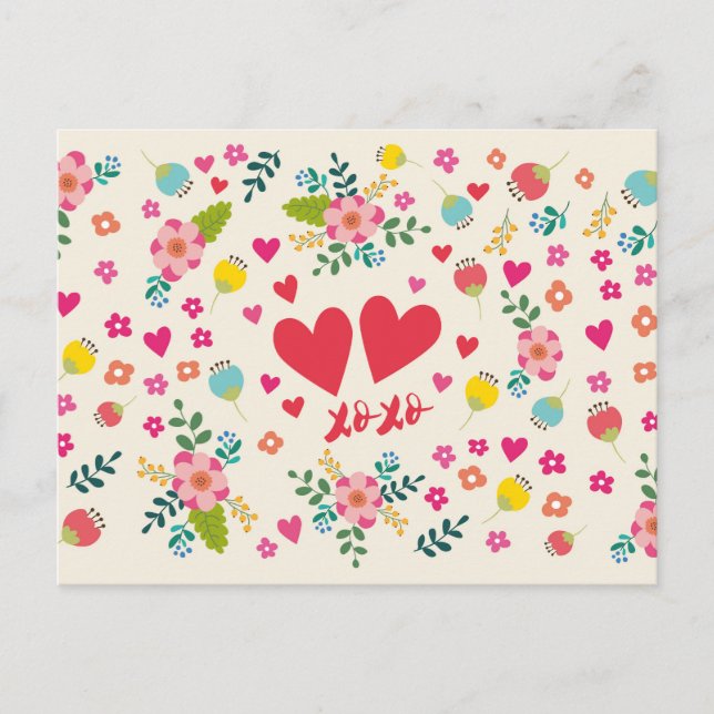 Carte Postale Câlins et baisers - Fleurs et cœurs (Devant)