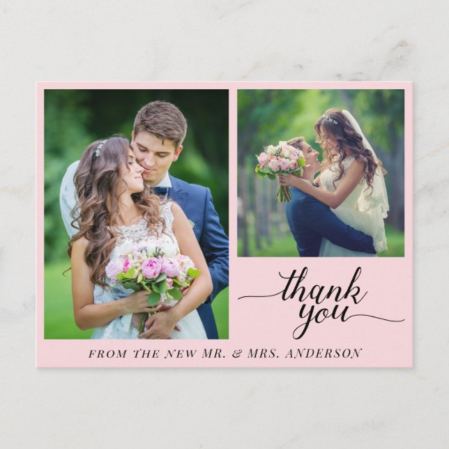 Carte Postale Calligraphie 3 Photos Mariage Merci rose (Devant)