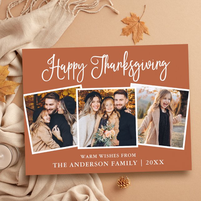 Carte Postale Calligraphie amusante 3 Photo Terracotta Thanksgiv (Customize to change your personalized text size or text style.)