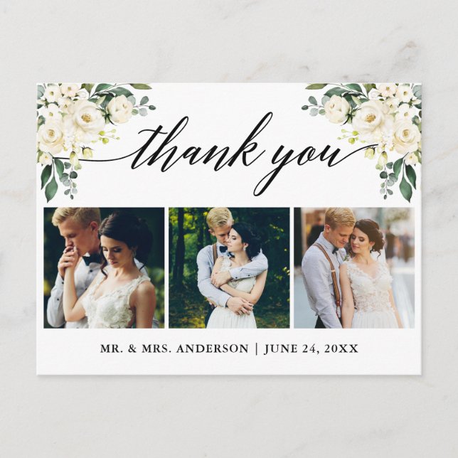Carte Postale Calligraphie Blanc Floral Mariage Merci (Devant)