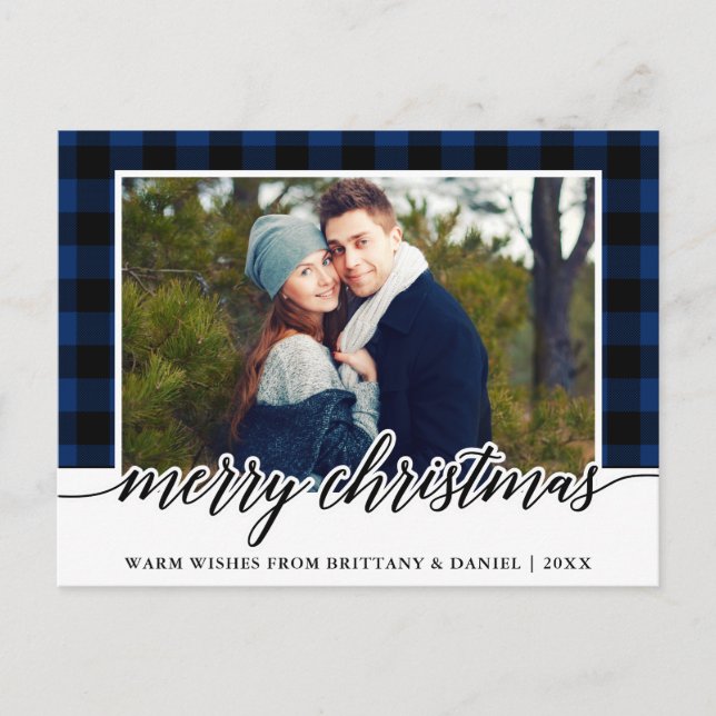 Carte Postale Calligraphie bleu Plaid Couple photo Noël (Devant)