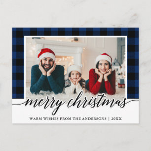 Carte Postale Calligraphie Bleu Plaid Famille Photo Noël