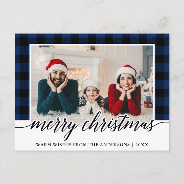 Carte Postale Calligraphie Bleu Plaid Famille Photo Noël (Devant)