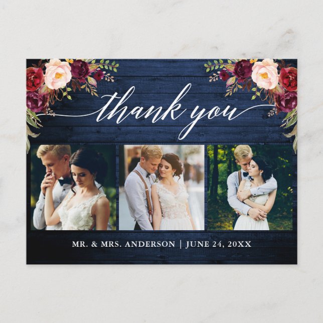 Carte Postale Calligraphie Bourgogne Mariage Bleu Merci en bois (Devant)