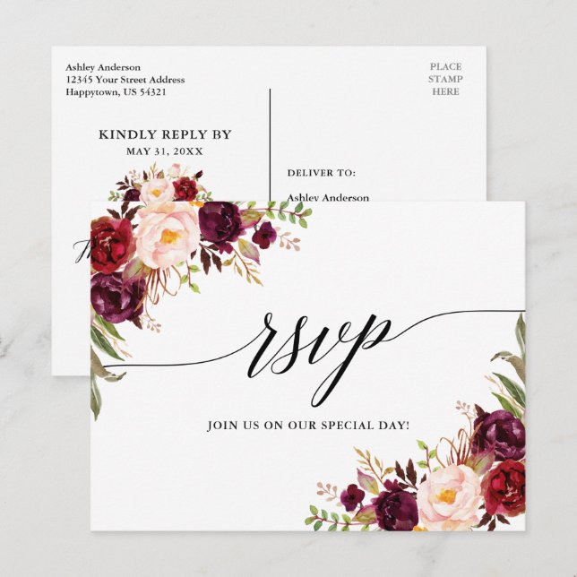 Carte Postale Calligraphie Bourgogne Mariage floral RSVP (Devant / Derrière)