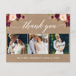Carte Postale Calligraphie Bourgogne Mariage Photo Kraft Merci