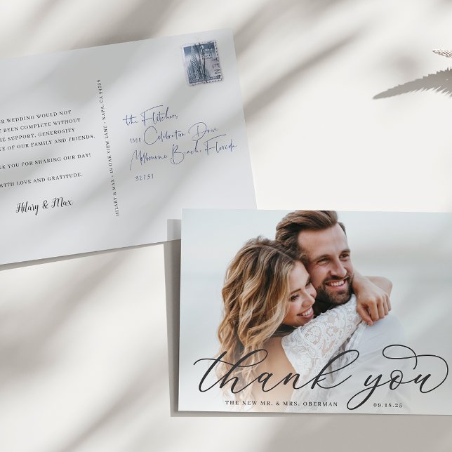 Carte Postale Calligraphie classique Script Mariage Photo Merci (Créateur téléchargé)