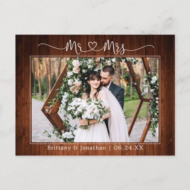 Carte Postale Calligraphie Cœur M. Mme Mariage Bois Merci (Devant)