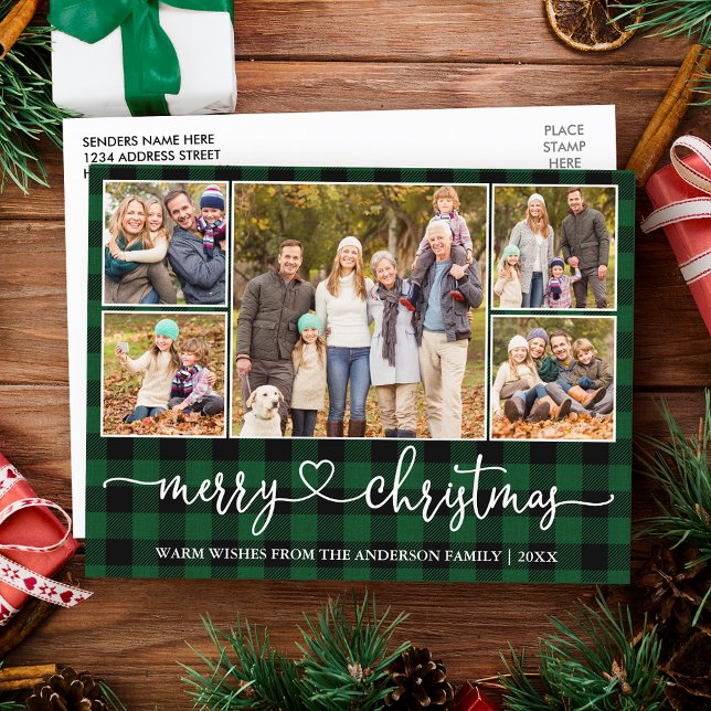 Carte Postale Calligraphie Coeur Noël 5 Photo Green Plaid (Customize to change your personalized text size or text style.)