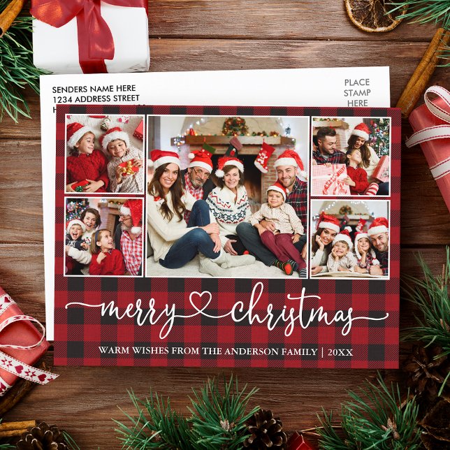 Carte Postale Calligraphie Coeur Noël 5 Photo Rouge Plaid (Customize to change your personalized text size or text style.)