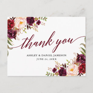 Carte Postale Calligraphie Floral Bourgogne Mariage Merci