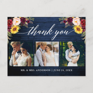 Carte Postale Calligraphie Florale Mariage Bois Bleu Merci